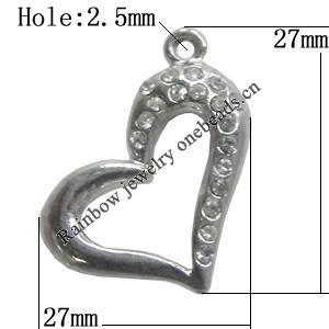 Pendant Setting Zinc Alloy Jewelry Findings Lead-free, Heart 27x27mm Hole:2.5mm, Sold by Bag