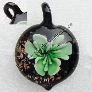 Murano Lampwork Pendant, with inner flower, goldsand, Heart, 32x32x12mm, Hole:Approx 6mm, Sold by PC