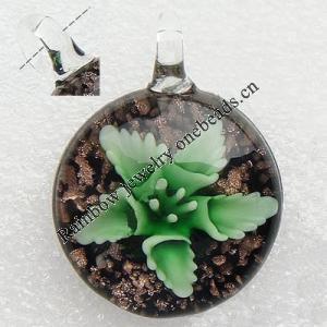 Murano Lampwork Pendant, with inner flower, goldsand, Flat round, 32x32x11mm, Hole:Approx 7mm, Sold by PC