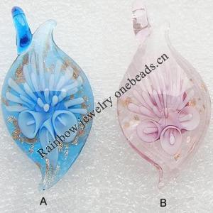 Murano Lampwork Pendant, with inner flower, goldsand, Leaf, 50x28x13mm, Hole:Approx 7mm, Sold by PC