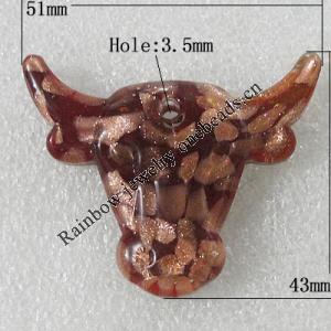 Gold Sand lampwork Pendant, Animal Head 51x43mm Hole:About 3.5mm, Sold by PC