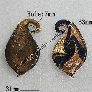 Gold Sand lampwork Pendant Mix Color, Leaf 63x31mm Hole:7mm, Sold by Box