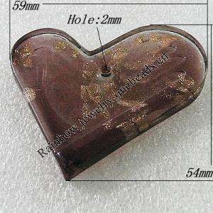 Gold Sand lampwork Pendant, Heart 59x54mm Hole:2mm, Sold by PC