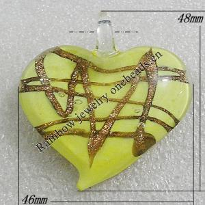 Gold Sand lampwork Pendant, Heart 48x46mm Hole:7mm, Sold by PC