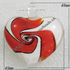 lampwork Pendant, Heart 48x45mm Hole:7mm, Sold by PC