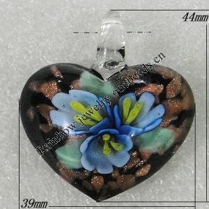 Inner Flower lampwork Pendant Mix Color, Heart 44x39mm Hole:5mm, Sold by Box
