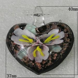 Inner Flower lampwork Pendant Mix Color, Heart 40x37mm Hole:5mm, Sold by Box