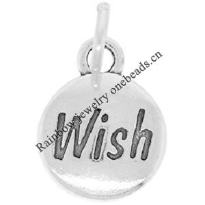 Zinc Alloy Message Pendant, Nickel-free and Lead-free, The Charm with Both Side Word, Flat Round, 11x15mm, Sold by PC