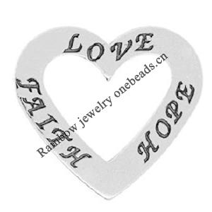 Zinc Alloy Message Pendant, Nickel-free and Lead-free, The Charm with One Side Word,Heart,20x22mm, Sold by PC