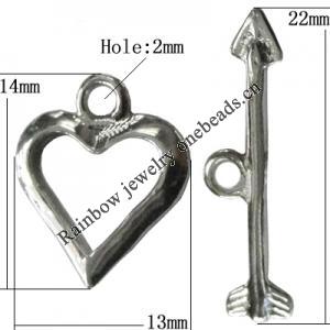 Copper Toggle Clasps Jewelry Findings Lead-free Platina Plated, Loop:14x13mm Bar:22mm Hole:2mm, Sold by Bag