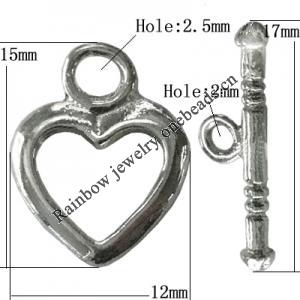 Copper Toggle Clasps Jewelry Findings Lead-free Platina Plated, Loop:15x12mm Bar:17mm Hole:2.5mm, Sold by Bag