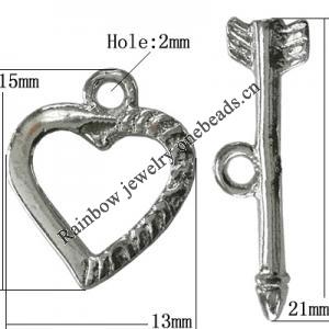 Copper Toggle Clasps Jewelry Findings Lead-free Platina Plated, Loop:15x13mm Bar:21mm Hole:2mm, Sold by Bag