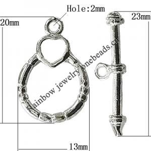 Copper Toggle Clasps Jewelry Findings Lead-free Platina Plated, Loop:20x13mm Bar:23mm Hole:2mm, Sold by Bag