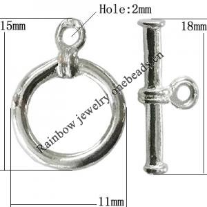 Copper Toggle Clasps Jewelry Findings Lead-free Platina Plated, Loop:15x11mm Bar:18mm Hole:2mm, Sold by Bag