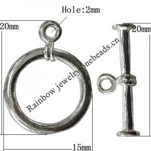 Copper Toggle Clasps Jewelry Findings Lead-free Platina Plated, Loop:20x15mm Bar:20mm Hole:2mm, Sold by Bag