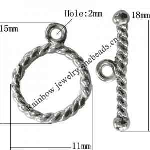 Copper Toggle Clasps Jewelry Findings Lead-free Platina Plated, Loop:15x11mm Bar:18mm Hole:2mm, Sold by Bag