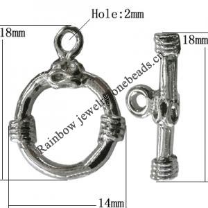 Copper Toggle Clasps Jewelry Findings Lead-free Platina Plated, Loop:18x14mm Bar:18mm Hole:2mm, Sold by Bag