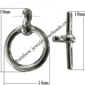 Copper Toggle Clasps Jewelry Findings Lead-free Platina Plated, Loop:19x14mm Bar:18mm Hole:2mm, Sold by Bag
