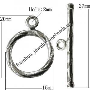 Copper Toggle Clasps Jewelry Findings Lead-free Platina Plated, Loop:20x15mm Bar:27mm Hole:2mm, Sold by Bag