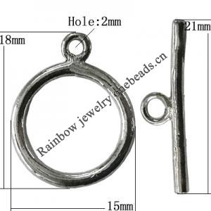 Copper Toggle Clasps Jewelry Findings Lead-free Platina Plated, Loop:18x15mm Bar:21mm Hole:2mm, Sold by Bag