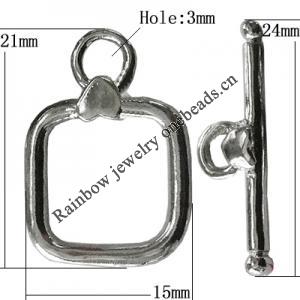 Copper Toggle Clasps Jewelry Findings Lead-free Platina Plated, Loop:21x15mm Bar:24mm Hole:2mm, Sold by Bag