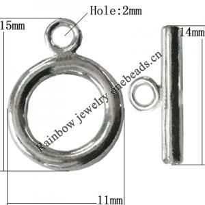 Copper Toggle Clasps Jewelry Findings Lead-free Platina Plated, Loop:15x11mm Bar:14mm Hole:2mm, Sold by Bag