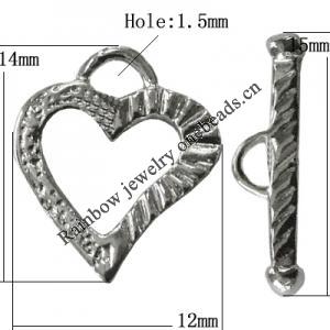 Copper Toggle Clasps Jewelry Findings Lead-free Platina Plated, Loop:14x12mm Bar:15mm Hole:1.5mm, Sold by Bag