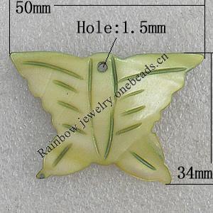 Carved Shell Pendant, Butterfly 50x34mm Hole:1.5mm, Sold by PC
