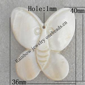 Carved Shell Pendant, Butterfly 40x36mm Hole:1mm, Sold by PC