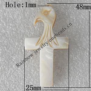 Carved Shell Pendant, Cross 48x25mm Hole:1mm, Sold by PC