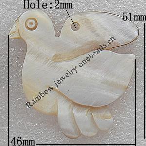 Carved Shell Pendant, Bird 51x46mm Hole:2mm, Sold by PC