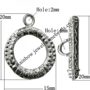 Copper Toggle Clasps Jewelry Findings Lead-free Platina Plated, Loop:20x15mm Bar:20mm Hole:Big:4mm, Small:2mm, Sold by B
