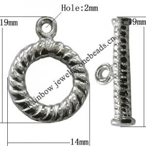 Copper Toggle Clasps Jewelry Findings Lead-free Platina Plated, Loop:19x14mm Bar:19mm Hole:2mm, Sold by Bag