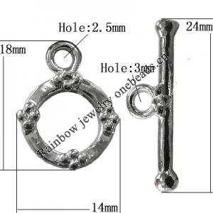 Copper Toggle Clasps Jewelry Findings Lead-free Platina Plated, Loop:18x14mm Bar:24mm Hole:Big:3mm, Small:2.5mm, Sold by