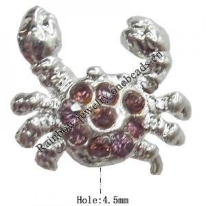 European Style Beads, Jewelry Findings Zinc Alloy with Rhinestone, 16x15mm, Hole:4.5mm, Sold by PC