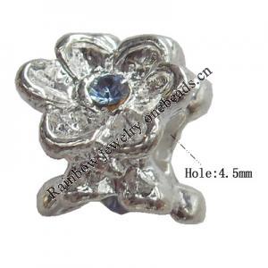 European Style Beads, Jewelry Findings Zinc Alloy with Rhinestone, 9x11mm, Hole:4.5mm, Sold by PC