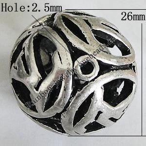 Hollow Bali Beads Zinc Alloy Jewelry Findings, Lead-free Round 26mm Hole:2.5mm, Sold by PC