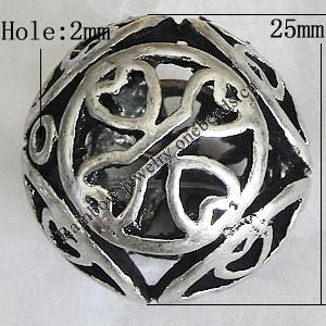 Hollow Bali Beads Zinc Alloy Jewelry Findings, Lead-free Round 25mm Hole:2.5mm, Sold by PC