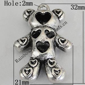 Hollow Bali Pendants Zinc Alloy Jewelry Findings, Lead-free Bear 32x21mm Hole:2.5mm, Sold by PC