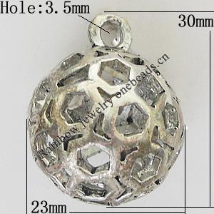 Hollow Bali Pendants Zinc Alloy Jewelry Findings, Lead-free Round 30x23mm Hole:2.5mm, Sold by PC