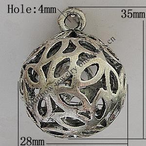 Hollow Bali Pendants Zinc Alloy Jewelry Findings, Lead-free Round 35x28mm Hole:4mm, Sold by PC