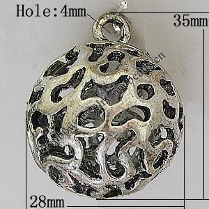 Hollow Bali Pendants Zinc Alloy Jewelry Findings, Lead-free Round 35x28mm Hole:4mm, Sold by PC