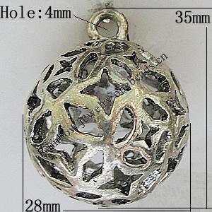 Hollow Bali Pendants Zinc Alloy Jewelry Findings, Lead-free Round 35x28mm Hole:4mm, Sold by PC