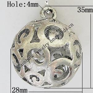 Hollow Bali Pendants Zinc Alloy Jewelry Findings, Lead-free Round 35x28mm Hole:4mm, Sold by PC