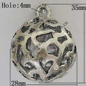 Hollow Bali Pendants Zinc Alloy Jewelry Findings, Lead-free Round 35x28mm Hole:4mm, Sold by PC