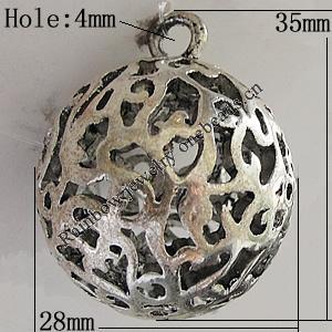 Hollow Bali Pendants Zinc Alloy Jewelry Findings, Lead-free Round 35x28mm Hole:4mm, Sold by PC