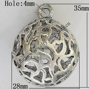 Hollow Bali Pendants Zinc Alloy Jewelry Findings, Lead-free Round 35x28mm Hole:4mm, Sold by PC