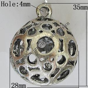 Hollow Bali Pendants Zinc Alloy Jewelry Findings, Lead-free Round 35x28mm Hole:4mm, Sold by PC