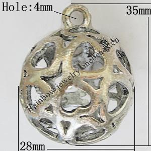 Hollow Bali Pendants Zinc Alloy Jewelry Findings, Lead-free Round 35x28mm Hole:4mm, Sold by PC