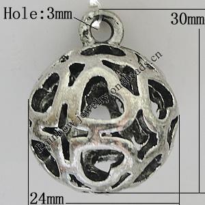 Hollow Bali Pendants Zinc Alloy Jewelry Findings, Lead-free Round 30x24mm Hole:3mm, Sold by PC